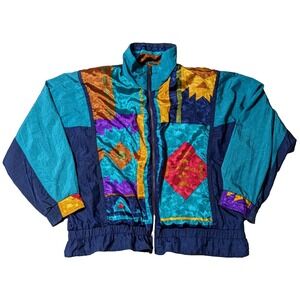 VTG 80's WINTERSET Women Large Teal Nylon Geo Patchwork Design Windbreaker